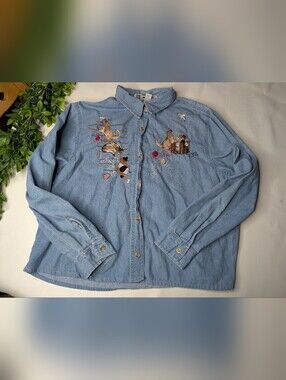 Vintage Passion Embroidered Cat Shirt Size Large